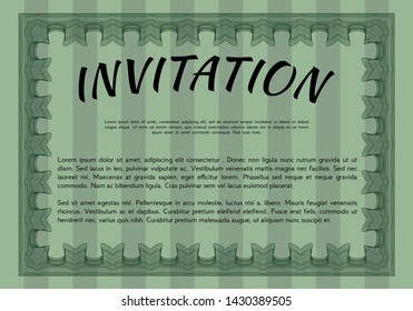 Green Retro vintage invitation. With great quality guilloche pattern. Vector illustration. Nice design. 