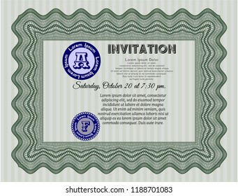 Green Retro vintage invitation. With guilloche pattern. Retro design. Detailed. 
