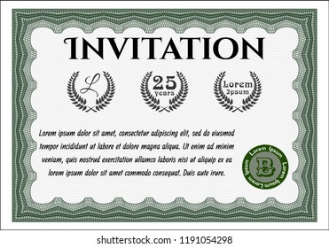 Green Retro vintage invitation. With guilloche pattern. Vector illustration. Modern design. 