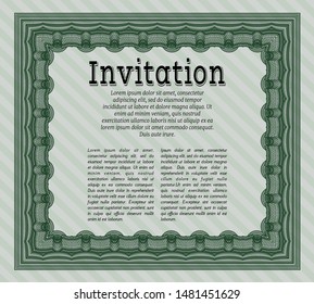 Green Retro vintage invitation. With guilloche pattern and background. Money style design. Vector illustration. 