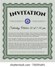 Green Retro vintage invitation. With linear background. Vector illustration. Cordial design. 