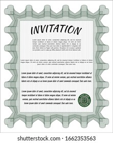 Green Retro vintage invitation. Lovely design. Vector illustration. With guilloche pattern and background. 