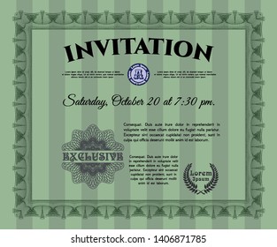Green Retro vintage invitation. Money style design. With complex linear background. Vector illustration. 