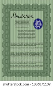Green Retro vintage invitation. Money style design. With linear background. Vector illustration. 