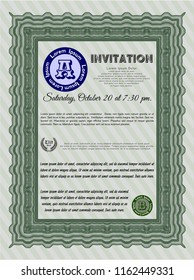 Green Retro vintage invitation. Vector illustration. With guilloche pattern and background. Artistry design. 