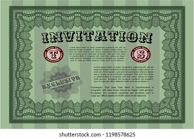 Green Retro vintage invitation. Vector illustration. With great quality guilloche pattern. Retro design. 