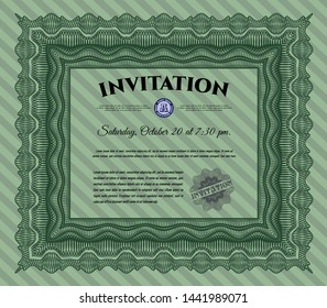Green Retro vintage invitation. Vector illustration. With linear background. Modern design. 