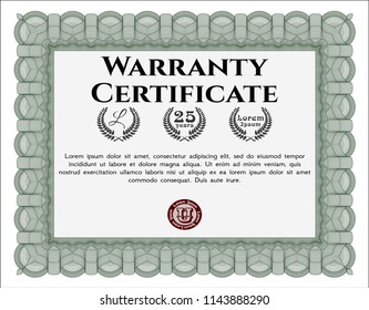 Green Retro vintage Warranty Certificate. With great quality guilloche pattern. Money Pattern. Vector illustration. 