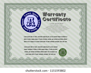 Green Retro vintage Warranty Certificate. With guilloche pattern. Customizable, Easy to edit and change colors. Artistry design. 