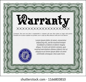Green Retro vintage Warranty Certificate. With guilloche pattern and background. Cordial design. Customizable, Easy to edit and change colors. 