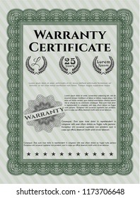 Green Retro vintage Warranty Certificate. With guilloche pattern. Artistry design. Vector illustration. 