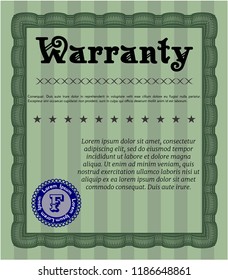 Green Retro vintage Warranty Certificate. Sophisticated design. Detailed. With guilloche pattern and background. 