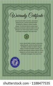 Green Retro vintage Warranty Certificate. Money style design. Printer friendly. Vector illustration. 