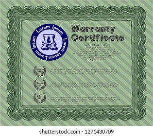 Green Retro vintage Warranty Certificate. With guilloche pattern and background. Nice design. Vector illustration. 