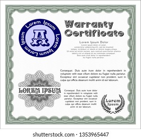 Green Retro vintage Warranty Certificate. With linear background. Detailed. Excellent design. 