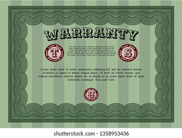 Green Retro vintage Warranty Certificate. With complex background. Customizable, Easy to edit and change colors. Money Pattern design. 
