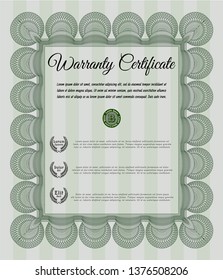 Green Retro vintage Warranty Certificate. Lovely design. Detailed. With guilloche pattern. 