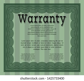 Green Retro vintage Warranty Certificate. With complex linear background. Modern design. Detailed. 