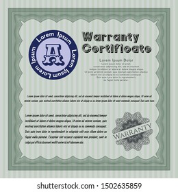 Green Retro vintage Warranty Certificate. Lovely design. With guilloche pattern and background. Detailed. 