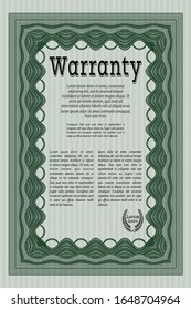 Green Retro vintage Warranty Certificate. Perfect design. Vector illustration. With guilloche pattern and background. 