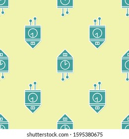 Green Retro wall watch icon isolated seamless pattern on yellow background. Cuckoo clock sign. Antique pendulum clock.  Vector Illustration