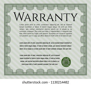 Green Retro Warranty Certificate template. Money style design. With complex linear background. Customizable, Easy to edit and change colors. 