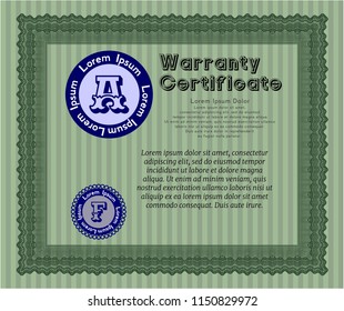 Green Retro Warranty Certificate template. Detailed. Easy to print. Money design. 