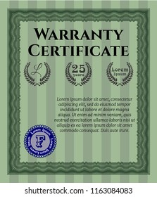 Green Retro Warranty Certificate template. Money style design. With complex linear background. Customizable, Easy to edit and change colors. 