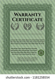 Green Retro Warranty Certificate template. Detailed. With complex linear background. Artistry design. 