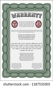 Green Retro Warranty Certificate template. Money style design. Easy to print. Detailed. 