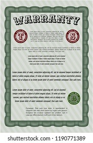 Green Retro Warranty Certificate template. With guilloche pattern and background. Money Pattern. Detailed. 