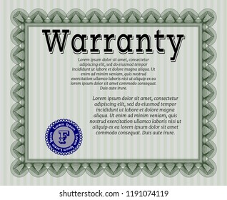 Green Retro Warranty Certificate template. Cordial design. Vector illustration. With guilloche pattern. 