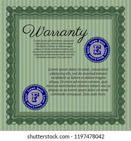 Green Retro Warranty Certificate template. Detailed. With great quality guilloche pattern. Artistry design. 