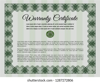 Green Retro Warranty Certificate template. With guilloche pattern and background. Detailed. Superior design. 