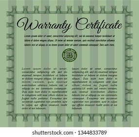 Green Retro Warranty Certificate template. Detailed. With background. Money design. 