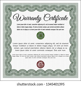 Green Retro Warranty Certificate template. Money Pattern design. Vector illustration. With background. 