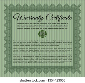 Green Retro Warranty Certificate template. With guilloche pattern and background. Superior design. Vector illustration. 