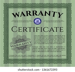 Green Retro Warranty Certificate template. Lovely design. Detailed. With complex linear background. 