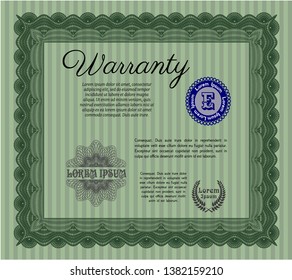 Green Retro Warranty Certificate template. With guilloche pattern. Cordial design. Detailed. 
