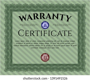 Green Retro Warranty Certificate template. Vector illustration. With great quality guilloche pattern. Money style design. 