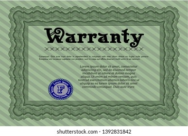 Green Retro Warranty Certificate template. Easy to print. Elegant design. Vector illustration. 