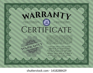 Green Retro Warranty Certificate template. Elegant design. Vector illustration. With quality background. 