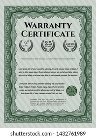 Green Retro Warranty Certificate template. Vector illustration. With great quality guilloche pattern. Superior design. 