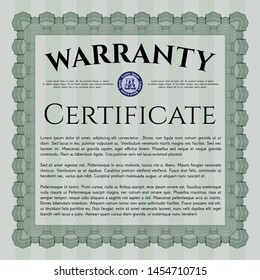 Green Retro Warranty Certificate template. Detailed. With guilloche pattern. Good design. 