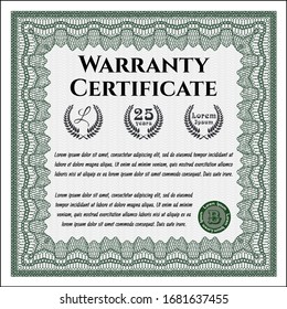 Green Retro Warranty Certificate template. With complex linear background. Elegant design. Detailed. 