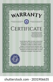 Green Retro Warranty Certificate template. Money Pattern design.  With complex linear background.  Customizable, Easy to edit and change colors. 