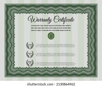 Green Retro Warranty Certificate template. Excellent design.   Vector illustration. 