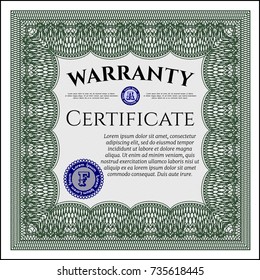 Green Retro Warranty Certificate template. Vector illustration. With background. Superior design. 