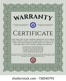 Green Retro Warranty Certificate template. Vector illustration. With great quality guilloche pattern. Money Pattern design. 