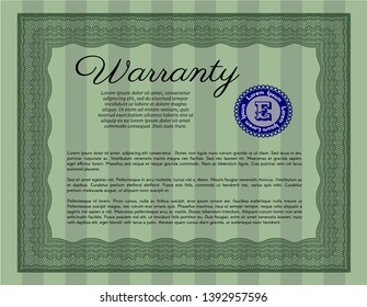 Green Retro Warranty template. Artistry design. With guilloche pattern and background. Vector illustration. 